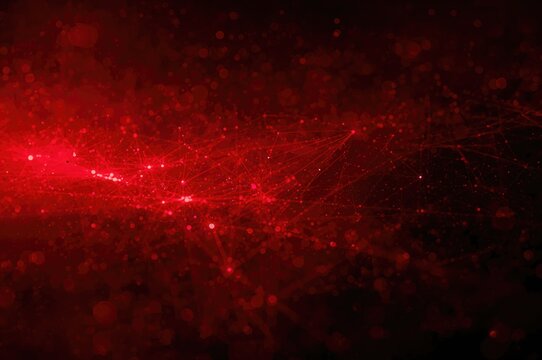 Red geometric abstract backdrop with interconnected nodes and lines, illustrating a futuristic tech concept with digital particles.