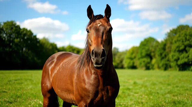 Jovial brown horse is seen in a lush green field on a bright and sunny day. The horse is facing the camera with a wide grin, baring its teeth in a playful expression