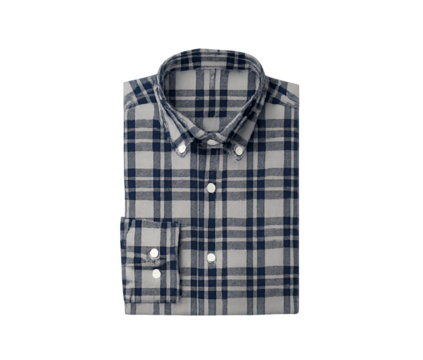 Folded grey and blue plaid flannel shirt isolated on transparent background