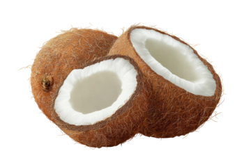 Whole and halved coconuts with brown husk on black background, cut out