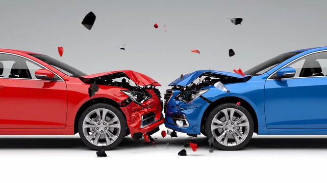 Red and a blue car collide head on in slow motion, sending debris flying in the aftermath, demonstrating the powerful impact of the accident