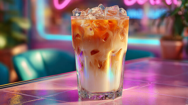 Colorful iced coffee in a glass on neon cafe counter, blending vibrant retro aesthetics with refreshing summer drink vibes.
 - Powered by Adobe