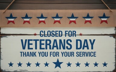 Veterans day sign saying closed for veterans day thank you for your service with american flag stars on a rustic wooden background