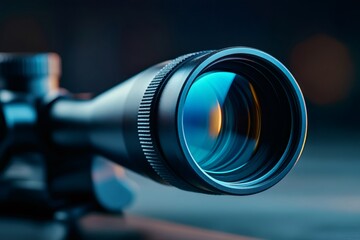 Optical sight close up showing lens and focus ring on blurred background
