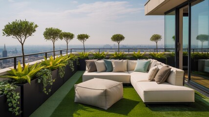 Fototapeta premium A modern rooftop terrace featuring a stylish seating area, lush greenery, and a panoramic city view under a clear sky.