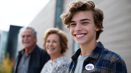 generational voting influence, beautiful lifestyle photos of a college student wearing an i voted sticker, with proud parents, at a modern polling place