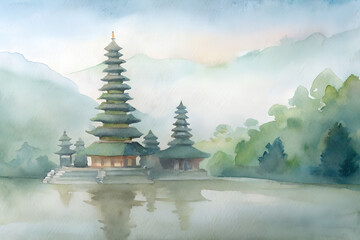 Watercolor painting of a serene balinese temple reflected in calm water with misty mountains in the background