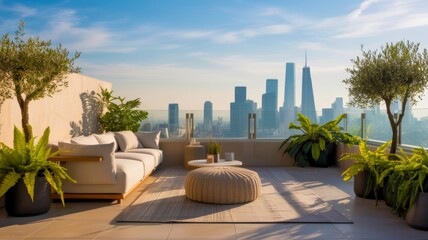 Fototapeta premium A stylish rooftop terrace featuring modern furniture, lush greenery, and a stunning city skyline view under a clear blue sky.