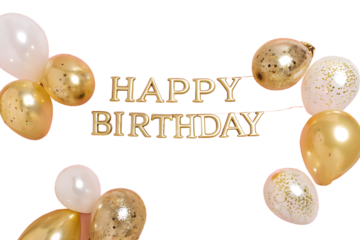 Happy birthday banner template design with golden balloons and confetti decoration on a pink background,