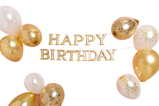 Happy birthday banner template design with golden balloons and confetti decoration on a pink background,