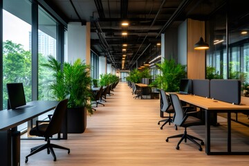 Fototapeta premium Modern coworking space with desks and plants creating a productive atmosphere