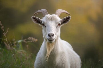 Obraz premium Close-up of a horned white goat in a scenic natural setting with blurred background
