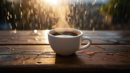 Obraz premium A steaming cup of dark coffee sits on a wooden surface with a blurred background of light and rain