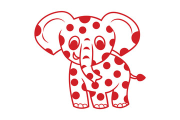 A red outlined cartoon elephant displaying vibrant polka dots against a white backdrop