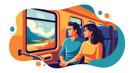 Flat style illustration of a couple traveling by train, holding hands and enjoying scenic views, symbolizing romance, adventure, journey, and leisure travel