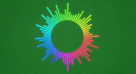Obraz premium Vibrant circular equalizer pulsates with rainbow colors on a calming green background