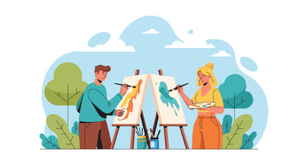 Fototapeta premium Flat style illustration of a couple painting on canvases outdoors, symbolizing creativity, art, relaxation, and leisure activities in a scenic natural environment