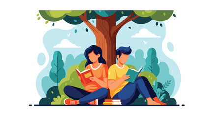 Flat style illustration of a couple reading books while sitting under a tree in a park, symbolizing learning, relaxation, knowledge, and peaceful outdoor leisure