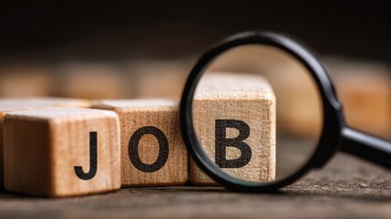 Magnifying glass examining the word Jobs on wooden blocks. Searching for job concept. Employment career opportunities