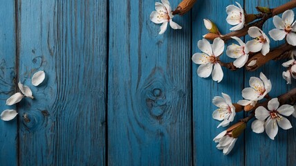 Delicate white cherry blossom branches on vibrant blue wooden background, evoking spring's beauty and freshness.