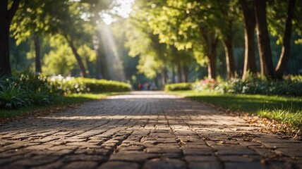 A sunlit pathway through a lush green park, illuminated by golden rays of sunlight streaming through the trees.