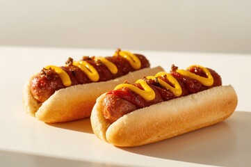 Detailed view of fiery sausages topped with mustard and ketchup on a white surface