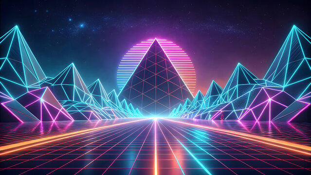 Futuristic neon landscape with geometric mountains and archway - Powered by Adobe