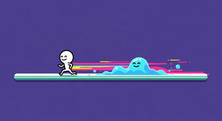 Joyful character chases vibrant, colorful energy trail in whimsical, abstract pursuit