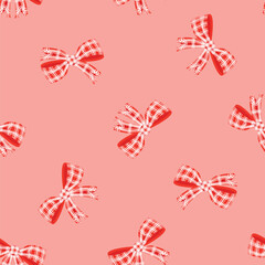 Checkered  bow seamless pattern. Jagged white lines on red ribbon. Decorative cartoon objects on pink background. Print on fabric and paper. Vector design for textile. Endless wallpaper, backdrop.