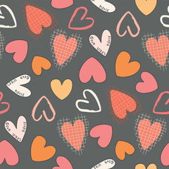 Heart shapes seamless pattern. Cartoon objects with checkered texture, jagged lines, lettering Good Vibes. Abstract vector background for printing on fabric and paper. Pink, yellow, red colors on grey