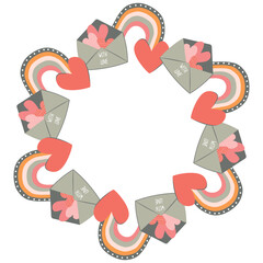 Valentine frame with rainbow, hearts and envelope. Round shape border with cartoon objects. Pink, red, yellow and grey colors on white background. Romantic composition and hand lettering with Love.