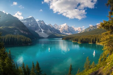 Obraz premium Stunning panoramic view of a lake surrounded by mountains