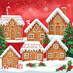 Festive gingerbread houses, snow-covered, red background