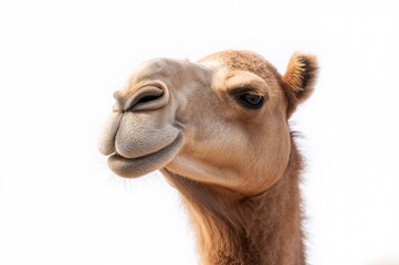 Isolated portrait of a camel against a white backdrop