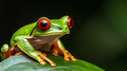 Naklejka premium Red eyed tree frog resting on a vibrant green leaf