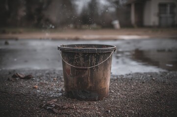 Naklejka premium Damaged and grimy plastic pail lying on the floor
