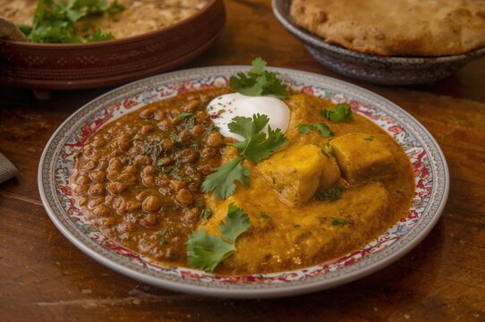 Spiced chickpea and lentil stew with pointed gourd and potato, served with crispy fried bread, a classic regional dish.