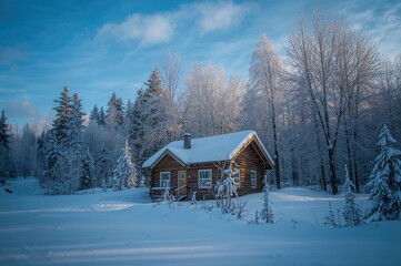 Snow-laden wooden cottage in the woods