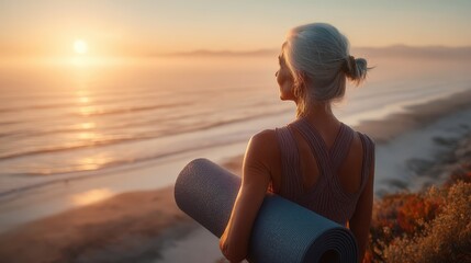 Peaceful senior woman with a yoga mat gazes at the golden sunset over the sea.