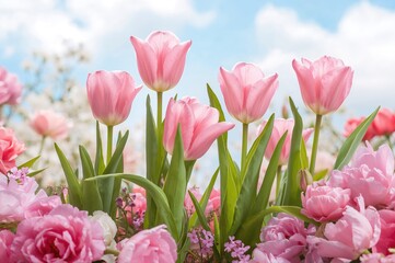 Springtime view of vibrant pink tulips in full bloom