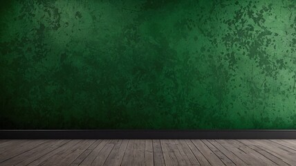 A textured green wall with a wooden floor, creating a serene and natural atmosphere.
