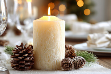 minimalist atmosphere celebrating christmas in usa featuring festive candle at center of beautifully set table