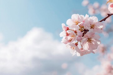 Close-up of a flowering cherry blossom branch in soft pastel hues with empty space