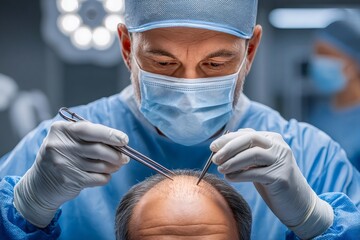 Surgeon performing hair transplant on male patient head