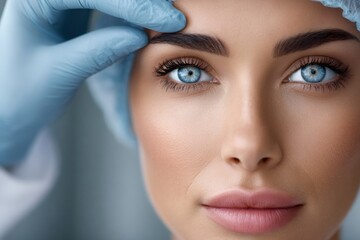 Woman receiving cosmetology treatment checking skin elasticity