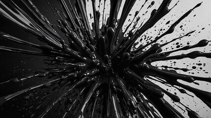 Obraz premium Dynamic black paint explosion against a contrasting white background, creating an abstract and energetic visual effect.