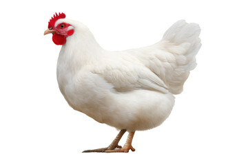 Fototapeta premium White chicken with red comb and wattles on a white background, cut out