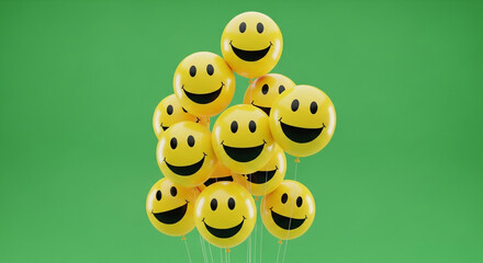 Joyful yellow smiley face balloons float upwards, spreading happiness and good vibes on a vibrant green background