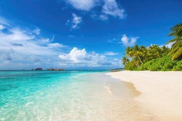 Obraz premium Stunning high-definition panoramic view of a tropical shoreline with ample blank area, perfect for vacation and summer concepts