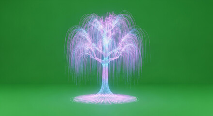Luminous ethereal tree glows with vibrant pink and blue energy on a bright green background